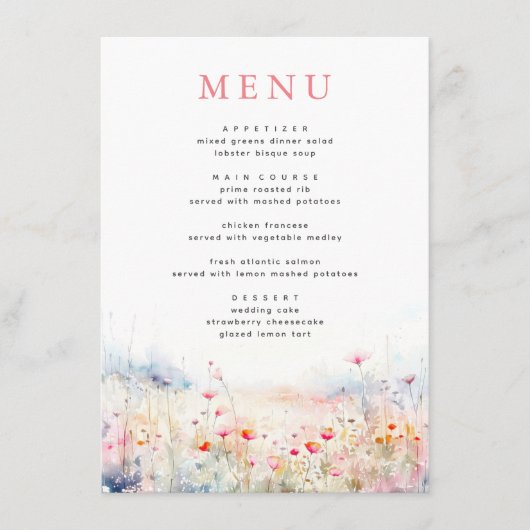 Zachte Pastel Wildbloemen Bruiloft Menu (Voorkant)