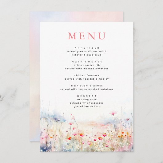 Zachte Pastel Wildbloemen Bruiloft Menu (Voorkant / Achterkant)