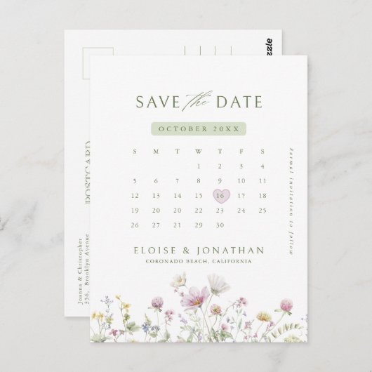 Zachte Pastel Wilde Bloemen Kalender  Bewaar de da Briefkaart (Voorkant / Achterkant)