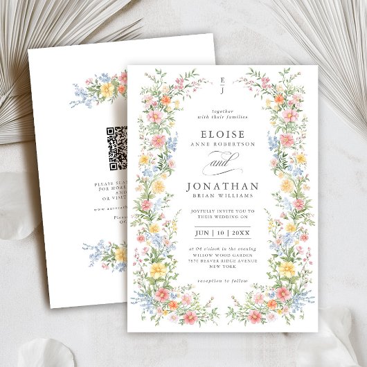Zachte Pastel Wilde Bloemen Lente QR Code Trouwen Kaart