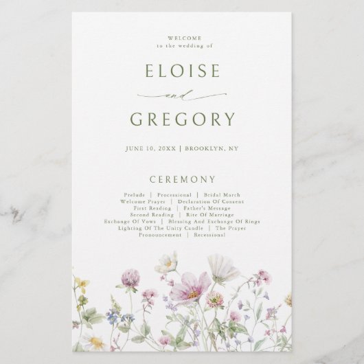 Zachte Pastel Wildflower Botanische Wedding Progra (Voorkant)