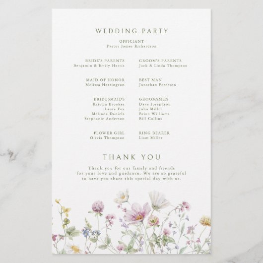 Zachte Pastel Wildflower Botanische Wedding Progra (Achterkant)