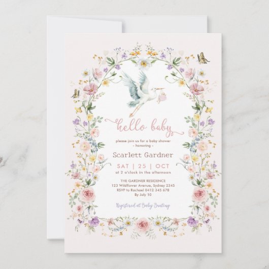 Zachte Pastel Wildflower Stork Baby Meisje Douche Kaart (Voorkant)