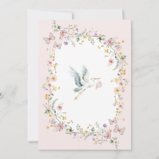 Zachte Pastel Wildflower Stork Baby Meisje Douche Kaart (Achterkant)