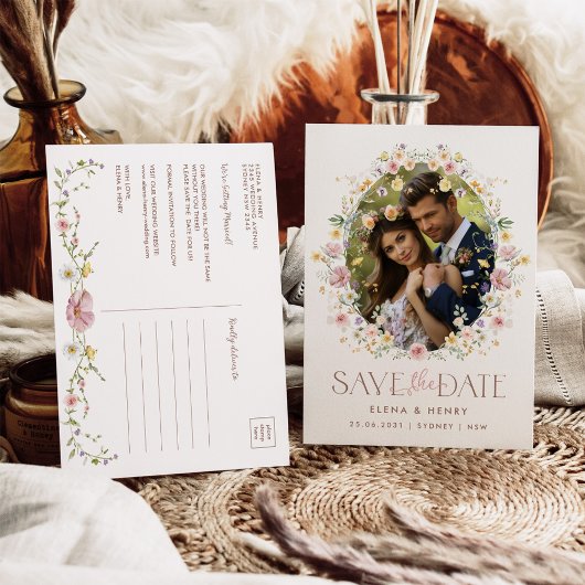 Zachte Pastel Wildflower trouwfoto Save the Date Aankondigingskaart