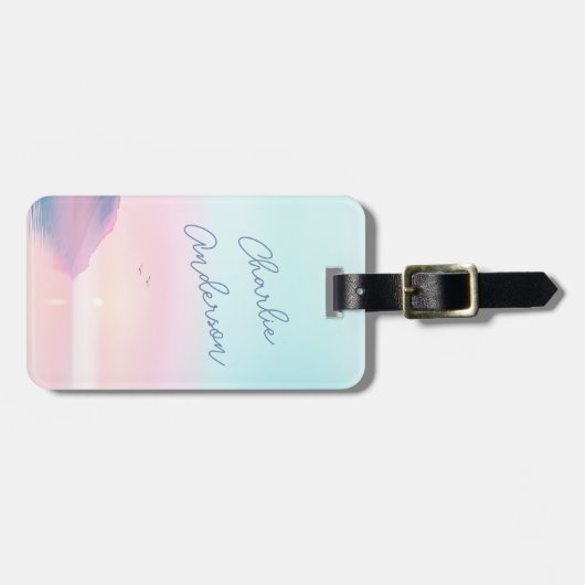 Zachte pastel zonsopgang met vogels scriptnaam bagagelabel (Voorkant horizontaal)