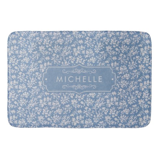 Zachte Pastelblauw & Grijs Witte Bloemige Boho Pat Badmat (Voorkant)