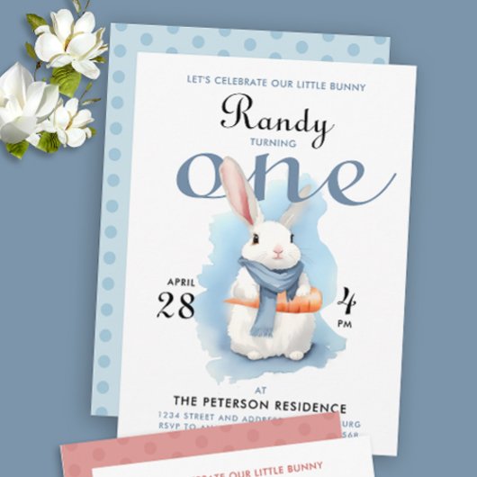 Zachte Pastelblauwe Konijn Eerste Verjaardag Water Kaart