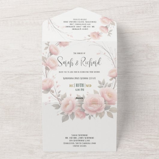 Zachte pastelpapiertuin | Minimale bloemenbruiloft All In One Uitnodiging (Buitenkant)