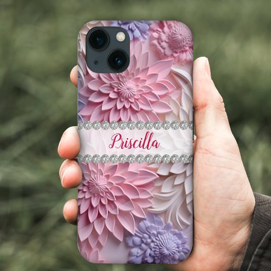 Zachte pastels 3D dahlia's, diamant lijst op maat Case-Mate iPhone Case