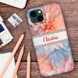 Zachte pastels 3D dahlia's, diamant lijst op maat Case-Mate iPhone Case