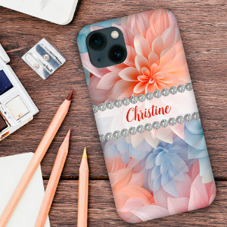 Zachte pastels 3D dahlia's, diamant lijst op maat Case-Mate iPhone Case
