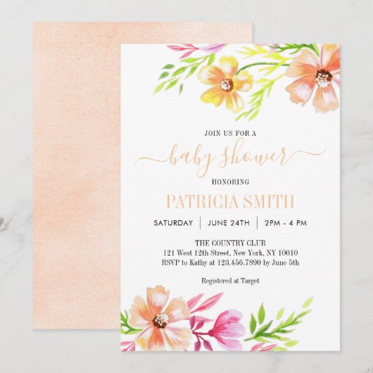 Zachte pastels waterverf floral Baby shower Kaart (Voorkant / Achterkant)