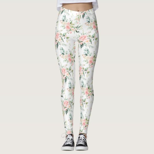 Zachte pastroze roze roze bloempatroon leggings (Voorkant)