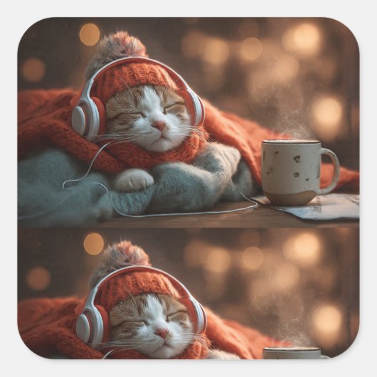 Zachte Pauze – Gezellige Winterkat Sticker (Voorkant)