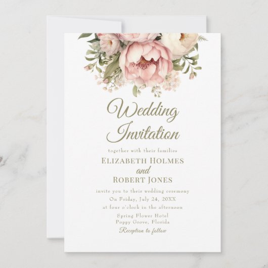 Zachte Peach en Blush Floral bruiloft uitnodiging (Voorkant)