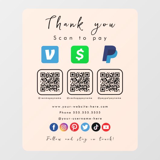 Zachte Peach Multi QR Code Paypal Venmo Cash App Raamsticker (Vel)