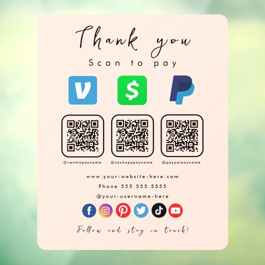Zachte Peach Multi QR Code Paypal Venmo Cash App Raamsticker (Vel 3)