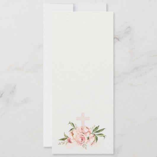 Zachte Peach Peony Floral Cross Baptism Menu Kaart (Achterkant)