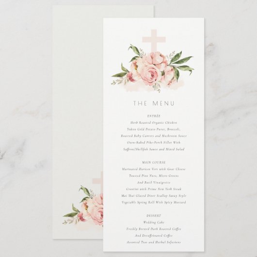 Zachte Peach Peony Floral Cross Baptism Menu Kaart (Voorkant / Achterkant)