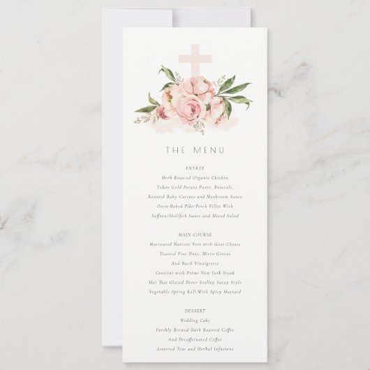 Zachte Peach Peony Floral Cross Baptism Menu Kaart (Voorkant)