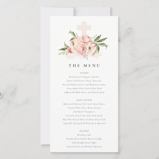 Zachte Peach Peony Floral Cross Baptism Menu Kaart (Voorkant)