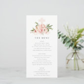 Zachte Peach Peony Floral Cross Baptism Menu Kaart (Staand voorkant)