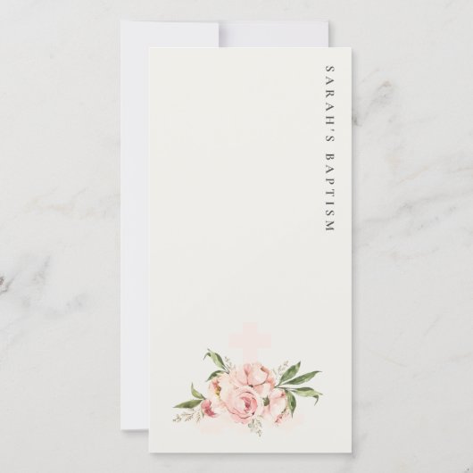 Zachte Peach Peony Floral Cross Baptism Menu Kaart (Achterkant)
