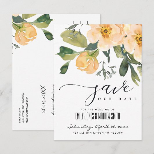 ZACHTE PEACH PEONY WATERVERF FLORAL BEWAREN DE DAT AANKONDIGINGSKAART (Voorkant / Achterkant)