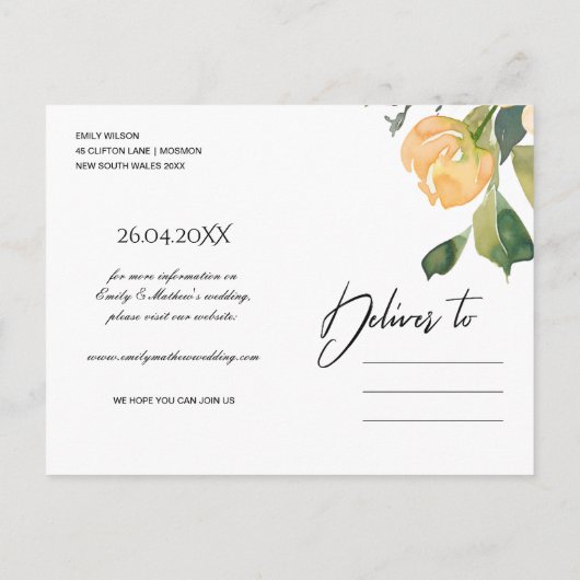 ZACHTE PEACH PEONY WATERVERF FLORAL BEWAREN DE DAT AANKONDIGINGSKAART (Achterkant)