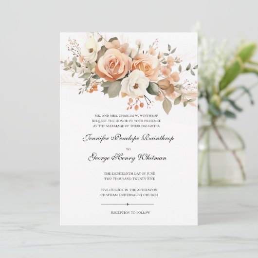 Zachte Perzik Bloemen Formele Bruiloft Uitnodiging (Staand voorkant)