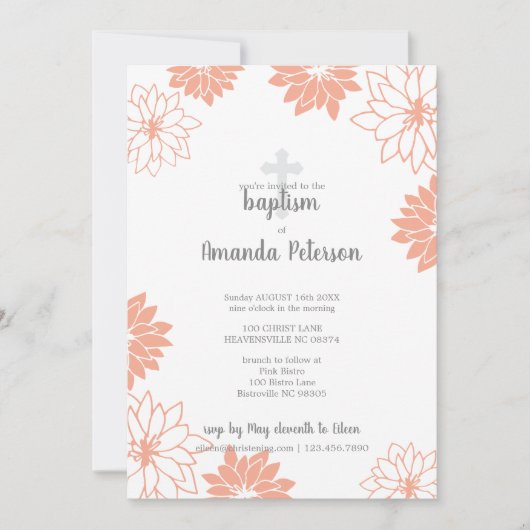 Zachte perzik bloemmotief kruis meisje doop kaart (Voorkant)