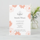 Zachte perzik bloemmotief kruis meisje doop kaart (Staand voorkant)