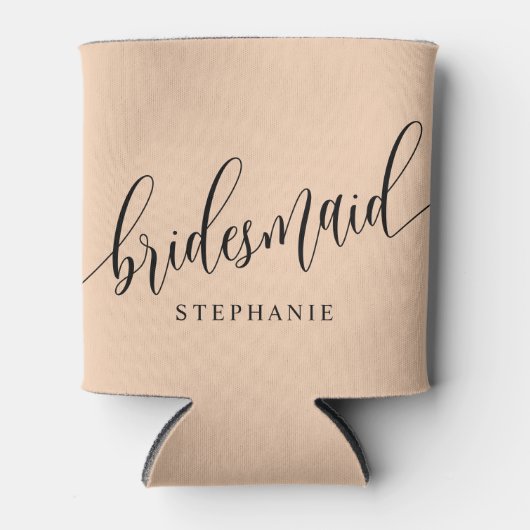 Zachte perzik bruidsmeisje modern script blikjeskoeler (Voorkant)