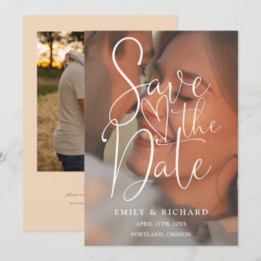Zachte Perzik Bruiloft 2 Foto Elegante Script Save The Date (Voorkant / Achterkant)