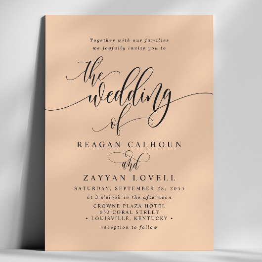 Zachte perzik Eenvoudig Modern Script Bruiloft Kaart