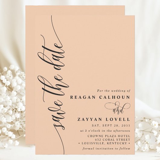 Zachte perzik Eenvoudig Modern Script Sla de datum Save The Date