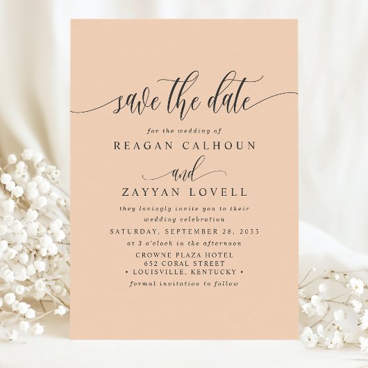 Zachte Perzik Elegante Calligrafie Save The Date