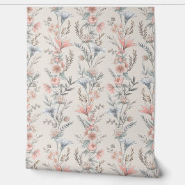 Zachte Perzik en Blauwe Bloemketting Behang