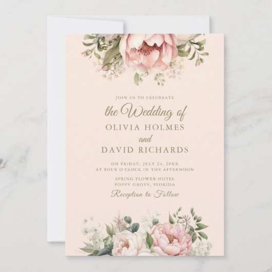 Zachte perzik en blush roze bloemenbruiloft kaart (Voorkant)