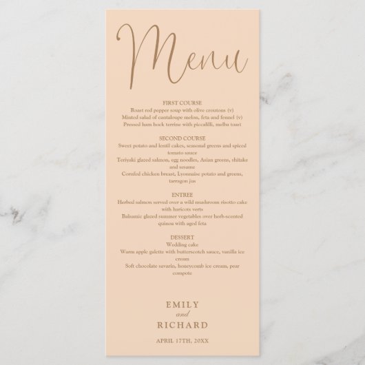 Zachte perzik kalligrafie script bruiloft menu (Voorkant)