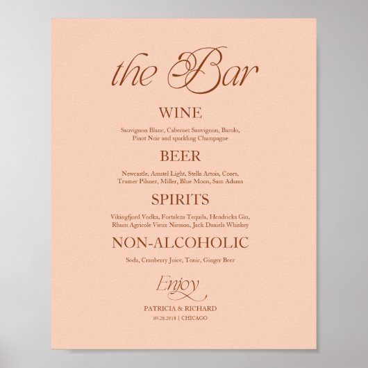 Zachte Perzik Minimalistische "The Bar" Trouwmenu Poster (Voorkant)