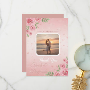 Zachte Perzik & Roze Bloem Tuin Foto Bruiloft  Bedankkaart