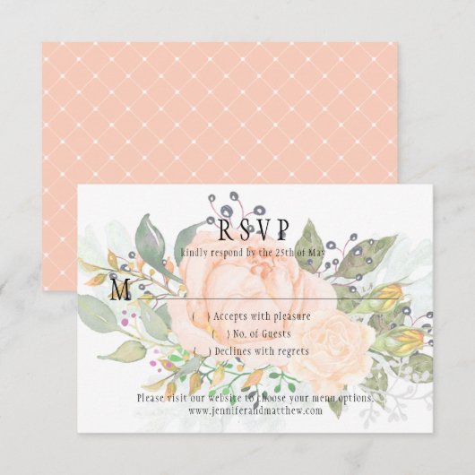 Zachte perzik Rozen Gele rozenstaafjes groen RSVP (Voorkant / Achterkant)