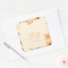 Zachte Perzik Tuin Bloemige Monogram Huwelijk Vierkante Sticker