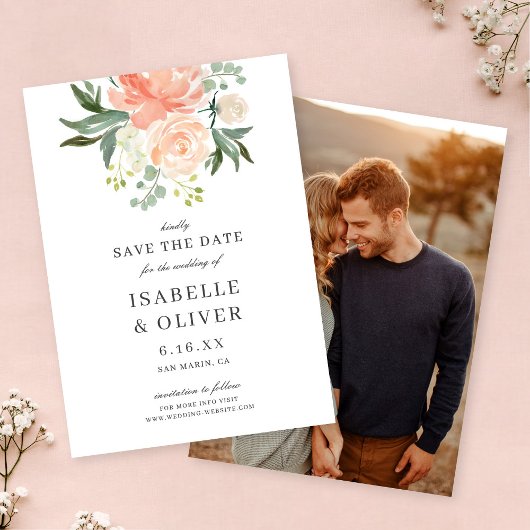 Zachte Perzik Waterverf Bloemen Bruiloft Save The Date