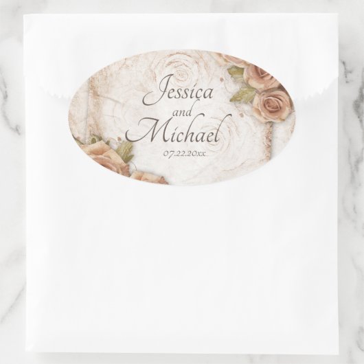 Zachte Perzikkleurige Rozen bruiloft Ovale Sticker (Tas)