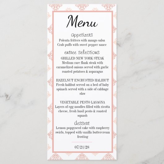 Zachte Perzikroze Damast Menu (Voorkant)