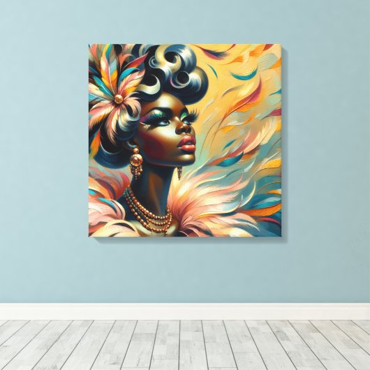 Zachte Pin-Up African Woman Feathers jaren 1960 Canvas Afdruk (Insitu (Houten vloer))