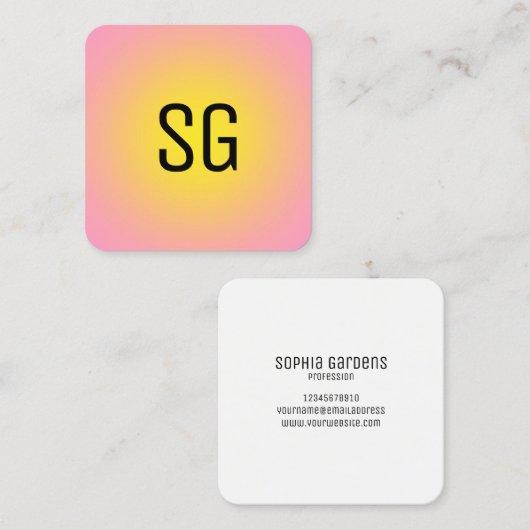 Zachte pot - Initialen - Geel op Roze Vierkante Visitekaartje (Voorkant / Achterkant)